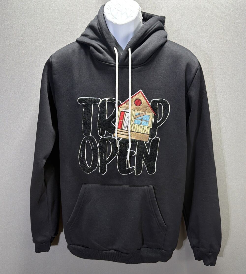 Men’s Designer Fleece Hoodie Trap Open Embroidered Cotton Small